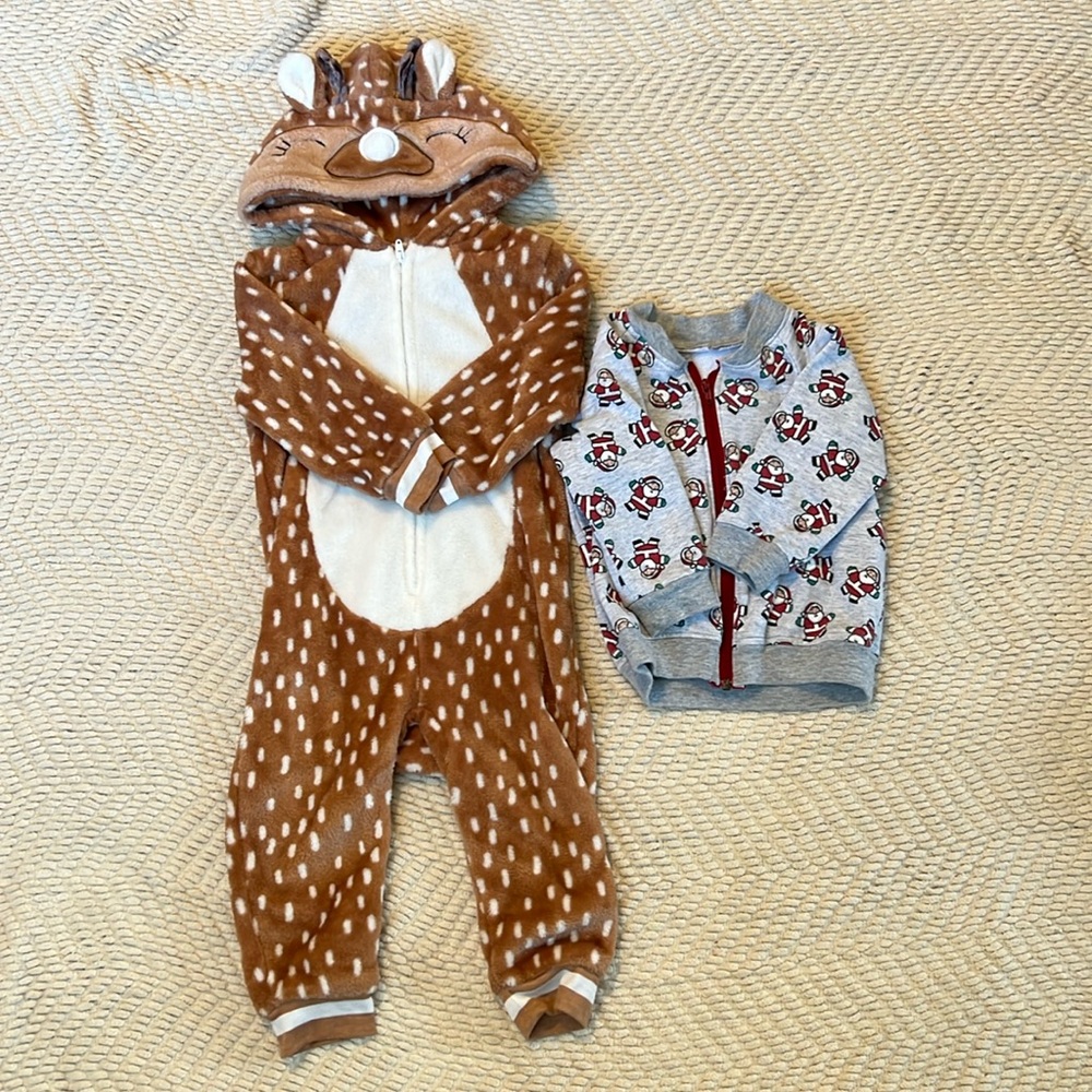 2t Reindeer Onesie and homemade Santa hoodie